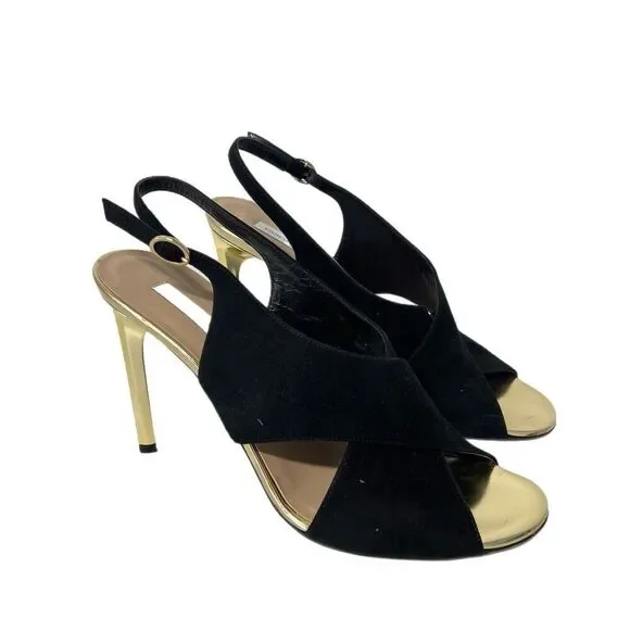 Diane von Furstenberg Vick Cross Sandals Size 9 Suede Leather Gold Heel Italy - Picture 1 of 9